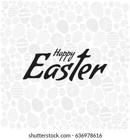 Happy Easter greeting card on egg pattern white background. Vector illustration