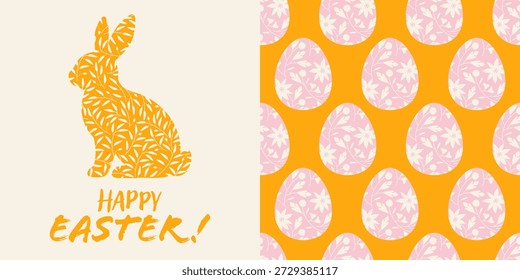 Feliz cartão de saudação de Páscoa com silhueta de coelho laranja preenchido com padrão floral folhosa, e fundo de ovos de Páscoa decorativos. Cartão postal de férias de primavera, banners, estampas!