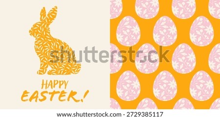 Happy Easter greeting card with orange rabbit silhouette filled with leafy floral pattern, and decorative Easter eggs background. Spring holiday postcard, banners, prints!