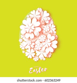 Happy Easter Greeting card. Origami egg, white flower. Oval Floral shape in Paper cut, 3d style. Green background. Vector illustration.
