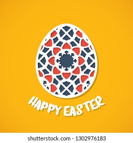 Happy Easter greeting card. Ornamental egg in paper art style on yellow background. Vector illustration