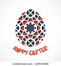 Happy Easter greeting card. Ornamental egg in paper art style. Vector illustration