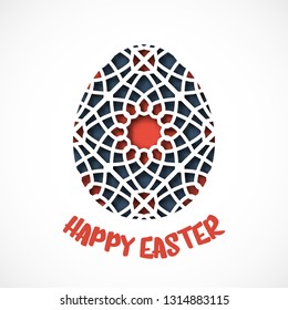 Happy Easter greeting card. Ornamental egg in paper art style. Vector illustration
