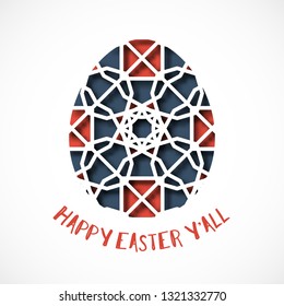 Happy Easter greeting card. Ornamental egg in paper art style on white background. Inscription - Happy Easter you all. Vector illustration