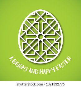 Happy Easter greeting card. Ornamental egg in paper art style on green background. Templates for laser cutting. A bright and happy Easter