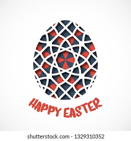 Happy Easter greeting card. Ornamental egg in paper art style. Vector illustration