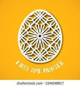 Happy Easter greeting card. Ornamental egg in paper art style on yellow background. Templates for laser cutting. First time hunter