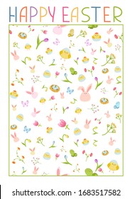 Happy Easter greeting card with easter ornaments and decorative elements. Eggs, chickens, butterfly, rabbit, flowers, nest. Vector illustration in simple flat style. Colored stock illustration