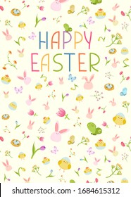 Happy Easter greeting card with easter ornaments and decorative elements. Eggs, chickens, butterfly, rabbit, flowers, nest. Vector illustration in simple flat style. Colored stock illustration
