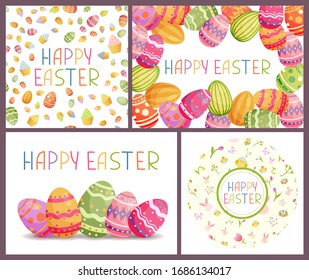 Happy Easter greeting card with easter ornaments and decorative elements. Eggs, chickens, butterfly, rabbit, flowers, nest. Vector illustration in simple flat style. Colored stock illustration