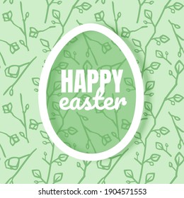 Happy Easter greeting card with easter ornaments and decorative elements and frame in shape of egg, Vector illustration in simple flat style. Colored stock illustration