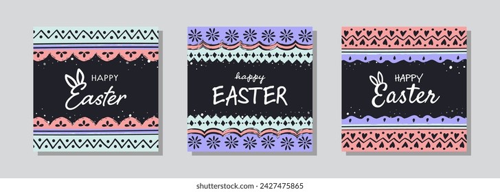 Feliz Pascua. Tarjeta de felicitación con adornos. Patrón de huevo pintado. Colección Ilustración vectorial