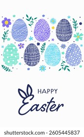 Happy Easter. Greeting card with ornaments. Colourful background with hand painted eggs and flowers. Vector illustration