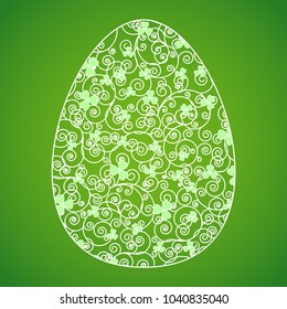 Happy Easter greeting card. Ornate swirls and leaves egg symbol over green background. Vector spring illustration.