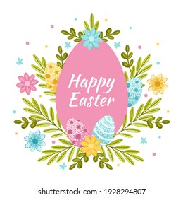 Happy Easter greeting card. Painted egg in leaves and flowers. Flat vector illustration