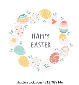 Happy Easter greeting card with painted Easter eggs. Hand drawn vector illustration