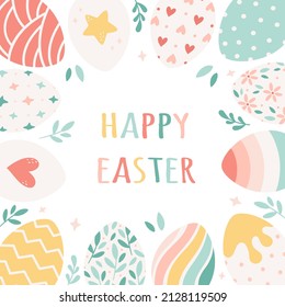 Happy Easter greeting card with painted Easter eggs. Hand drawn vector illustration