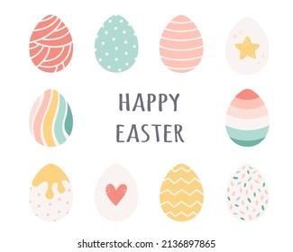 Happy Easter greeting card with painted Easter eggs. Hand drawn vector illustration