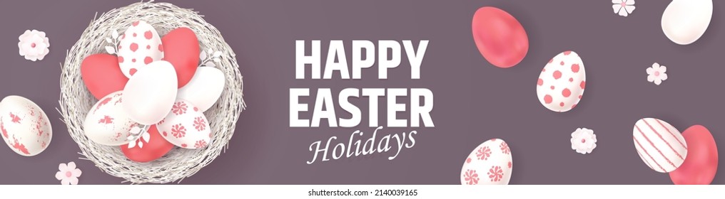 Happy Easter greeting card, painted eggs. Spring holidays, Easter background. Vector illustration EPS10.