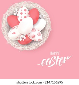 Happy Easter greeting card, painted eggs. Spring holidays, Easter background. Vector illustration EPS10.