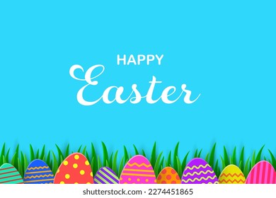 Happy Easter. Greeting card with painted eggs in the grass. Paper cut style. Vector illustration