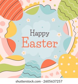 Happy Easter greeting card with painted eggs. Design for cards, posters, banners. Vector illustration in flat style