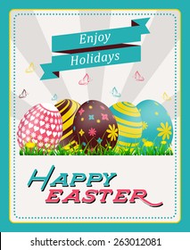Happy easter greeting card with painted eggs and flowers 
