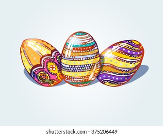 Happy Easter greeting card with painted colorful eggs. Three shiny different Easter eggs ornaments. 