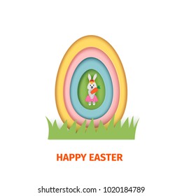 Happy Easter greeting card. A paper card in a craft paper cut style with egg layers and rabbit. Vector illustration. Greeting card easter bunny, egg scrapbooking for design of invitation, gift present