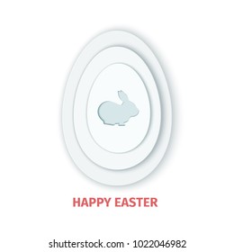 Happy Easter greeting card. A paper card in a craft paper cut style with grey egg layers and rabbit. Vector illustration. Greeting card easter bunny, egg for design of invitation gift, present