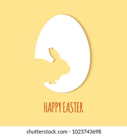 Happy Easter greeting card. A paper card in a craft paper cut style with egg layers and rabbit. Vector illustration. Greeting card easter bunny, egg scrapbooking for design of invitation gift present.