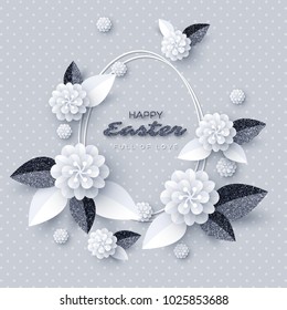 Happy Easter greeting card. Paper cut flowers with glitter frame, holiday background. Vector illustration.