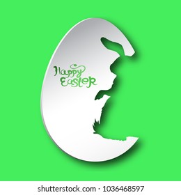 Happy Easter. Greeting card paper style with an egg carved silhouette of a rabbit, on a green background. Vector illustration