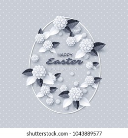 Happy Easter greeting card. Paper cut flowers with glitter leaves, holiday background. Vector illustration.