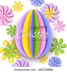 Happy Easter greeting card with paper flower and egg. Vector illustration