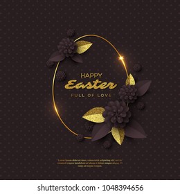 Happy Easter greeting card. Paper cut flowers with golden glitter frame, holiday background. Vector illustration.