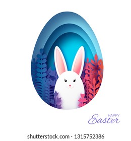 Happy Easter Greeting card with paper cut bunny rabbit, colorful spring flowers. Blue Egg shape frame. Place for text.