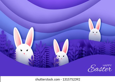 Happy Easter Greeting card with paper cut bunny rabbit, spring flowers. Origami layered landscape. Place for text. Violet.