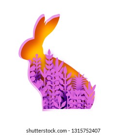 Happy Easter Greeting card with paper cut bunny rabbit, violet spring flowers. Origami yellow Rabbit shape frame. Place for text.
