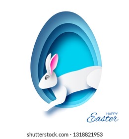 Happy Easter Greeting card with paper cut bunny rabbit. Blue Egg shape frame. Place for text.