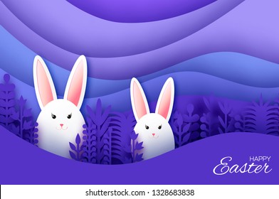 Happy Easter Greeting card with paper cut bunny rabbit, spring flowers. Origami layered landscape. Place for text. Violet.