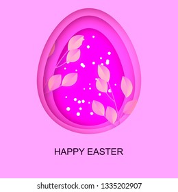 Happy Easter greeting card. Paper cut egg shape with shadow on purple background. Vector illustration.