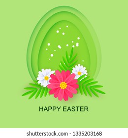 Happy Easter greeting card. Paper cut egg shape with shadow on green background. Vector illustration.