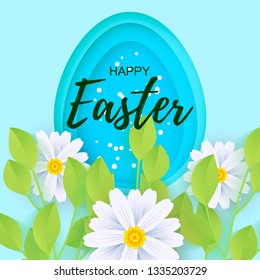 Happy Easter greeting card. Paper cut egg shape with shadow on blue background. Vector illustration.