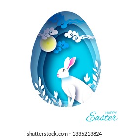 Happy Easter Greeting card with paper cut bunny rabbit, spring flowers. Blue Egg shape frame. Place for text.