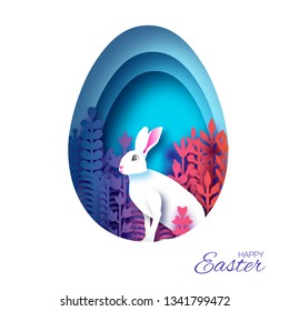 Happy Easter Greeting card with paper cut bunny rabbit, spring flowers. Blue Egg shape frame. Place for text.