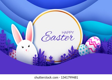 Happy Easter Greeting card with paper cut bunny rabbit, spring flowers. Eggs. Origami layered landscape. Square frame. Place for text. Violet. Circle frame for text.