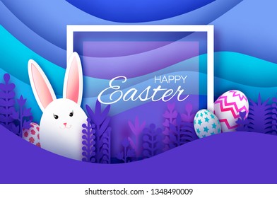 Happy Easter Greeting card with paper cut bunny rabbit, spring flowers. Eggs. Origami layered landscape. Square frame. Place for text. Violet. Square frame for text.