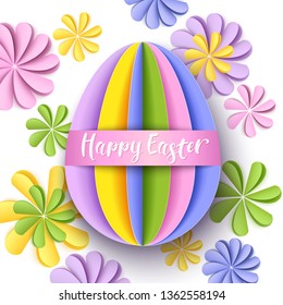 Happy Easter greeting card with paper cut egg  and spring flower. Handwriting inscription. Purple background