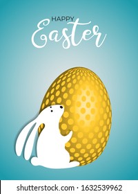 Happy Easter greeting card with paper cut bunny rabbit shape with gold color egg with pattern on blue modern gradient background. Holiday vector illustration with text Happy Easter.